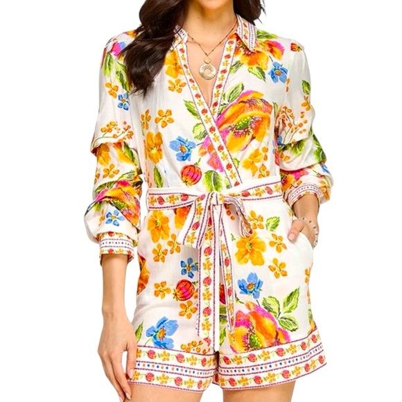 Milk & Honey Pants - Milk & Honey Rayon Floral Print Ruched 3/4 Sleeve Romper